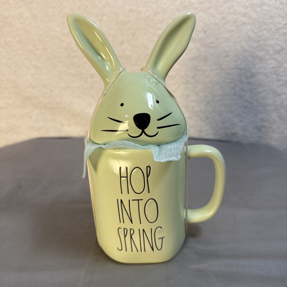 New Rae Dunn "Hop Into Spring" Mug with Bunny Ear Topper – Easter spring Decor